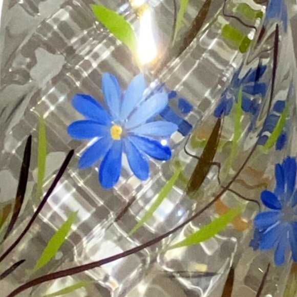 Tall Large Clear Glass Flower Vase Hand Painted Floral BLue Green Gold Signed - Picture 2 of 6